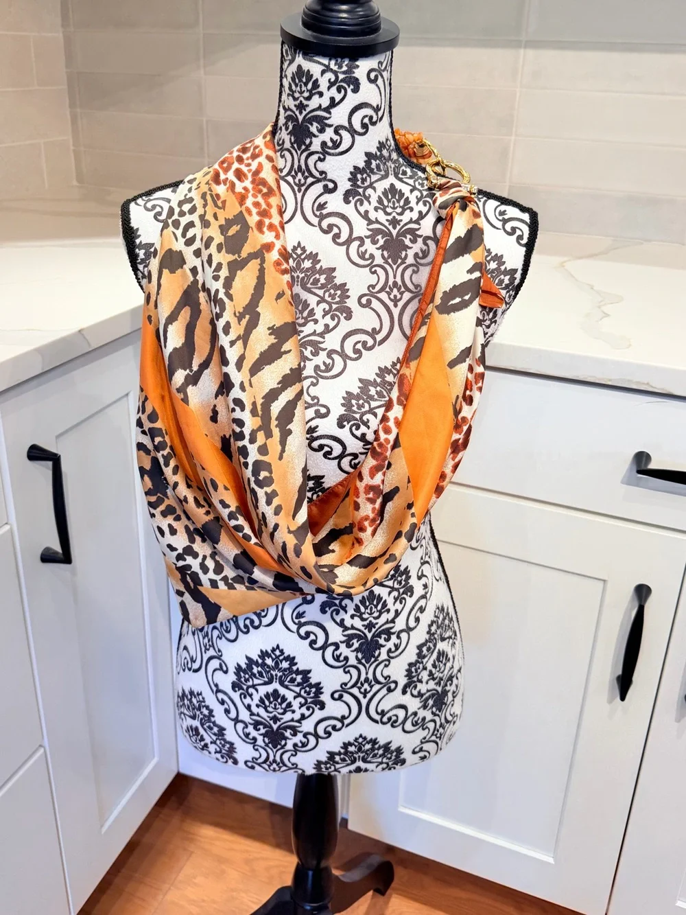 Animal Print Scarf Necklace Orange Stone Beads Gold Tone Statement Jewelry